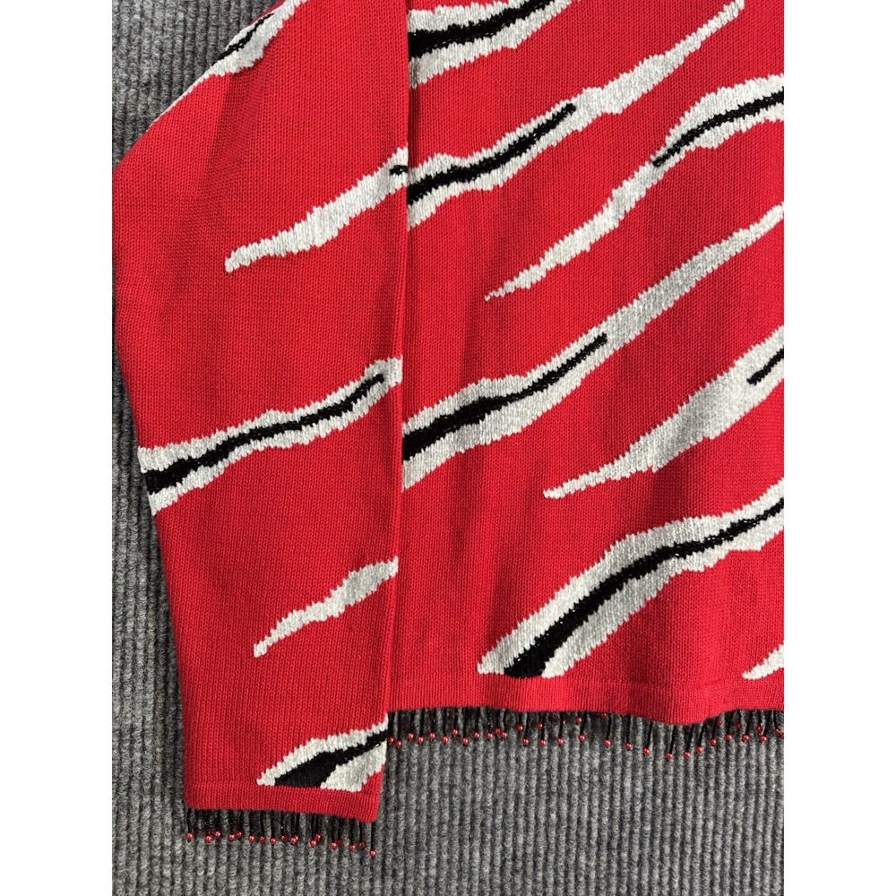 VTG Berek Beaded Fringe Cardigan Sweater XL -Red Black Gray Zebra Stripe NOS NWT - Picture 11 of 16